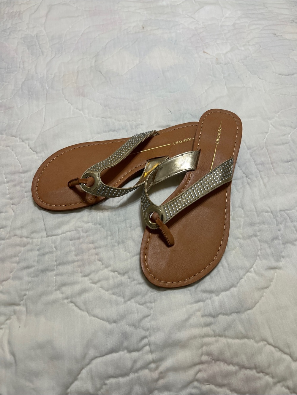 Report Gold Rhinestone Thong Sandals with Tan Footbed